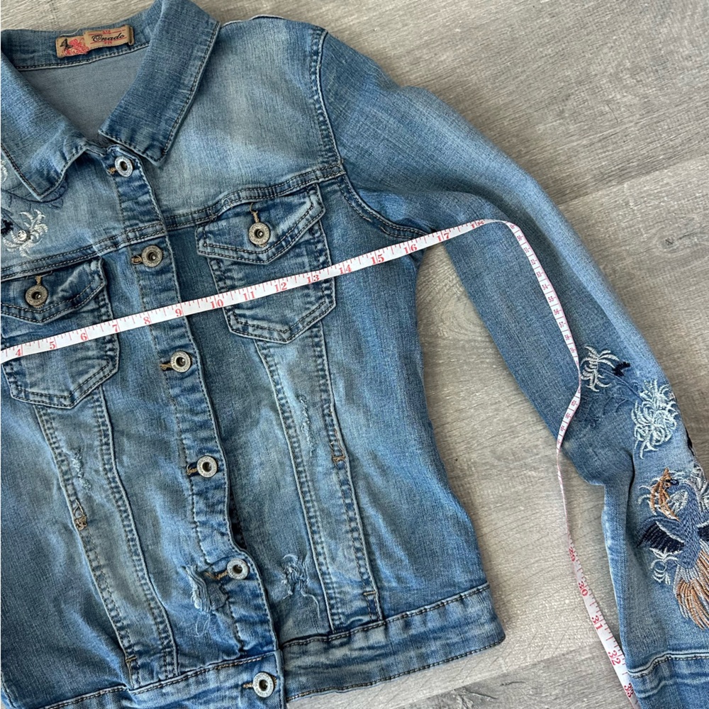 Embroidered denim jacket with floral and bird details and gems by Onado - Picture 7 of 9